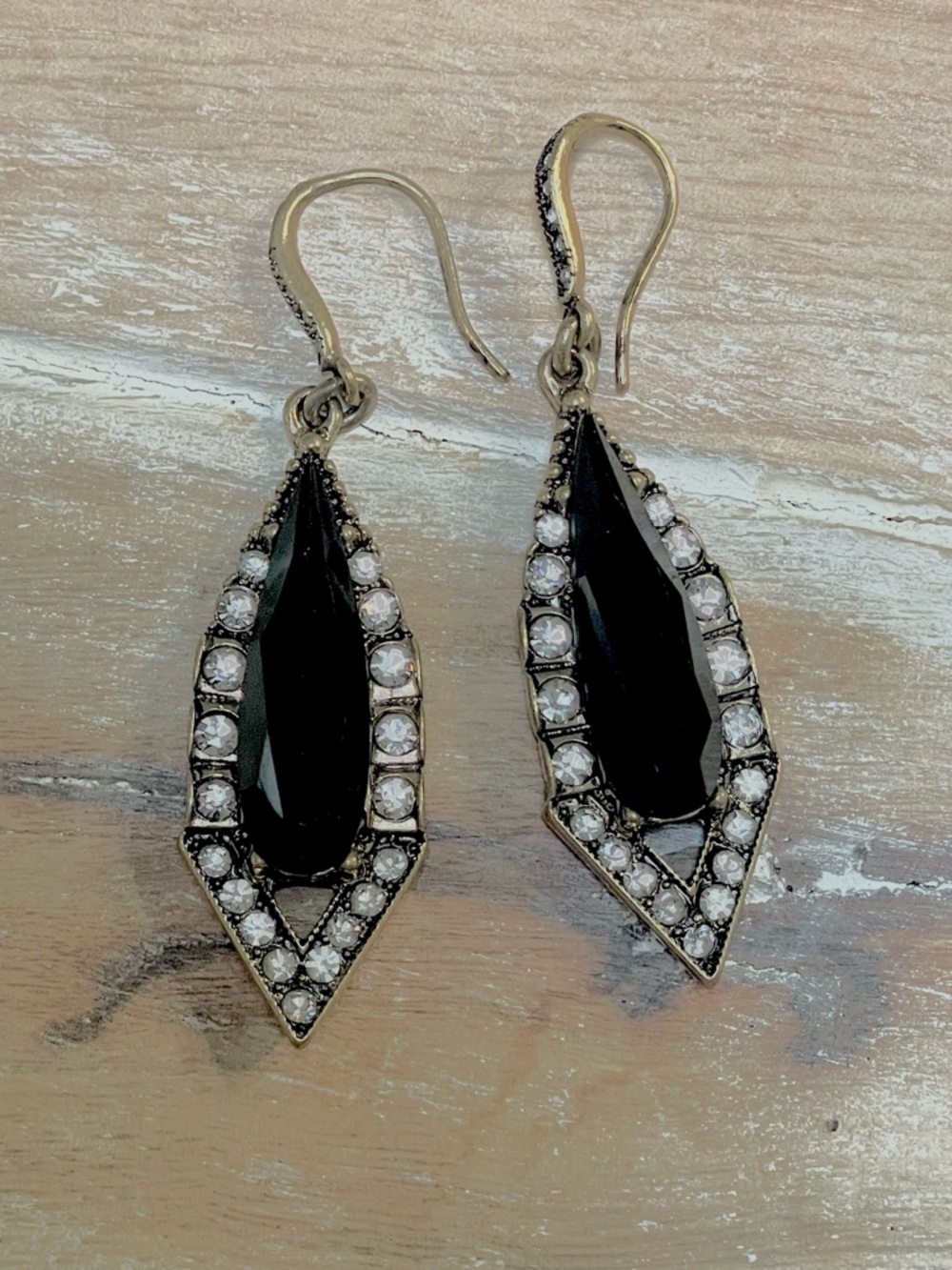 Gold-Tone Black Teardrop Crystal Halo Dangle Earrings - Picture 2 of 4
